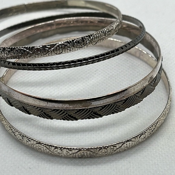 Sliver Tone Mixed Thickness Bangle Bracelets Textured - Picture 2 of 8
